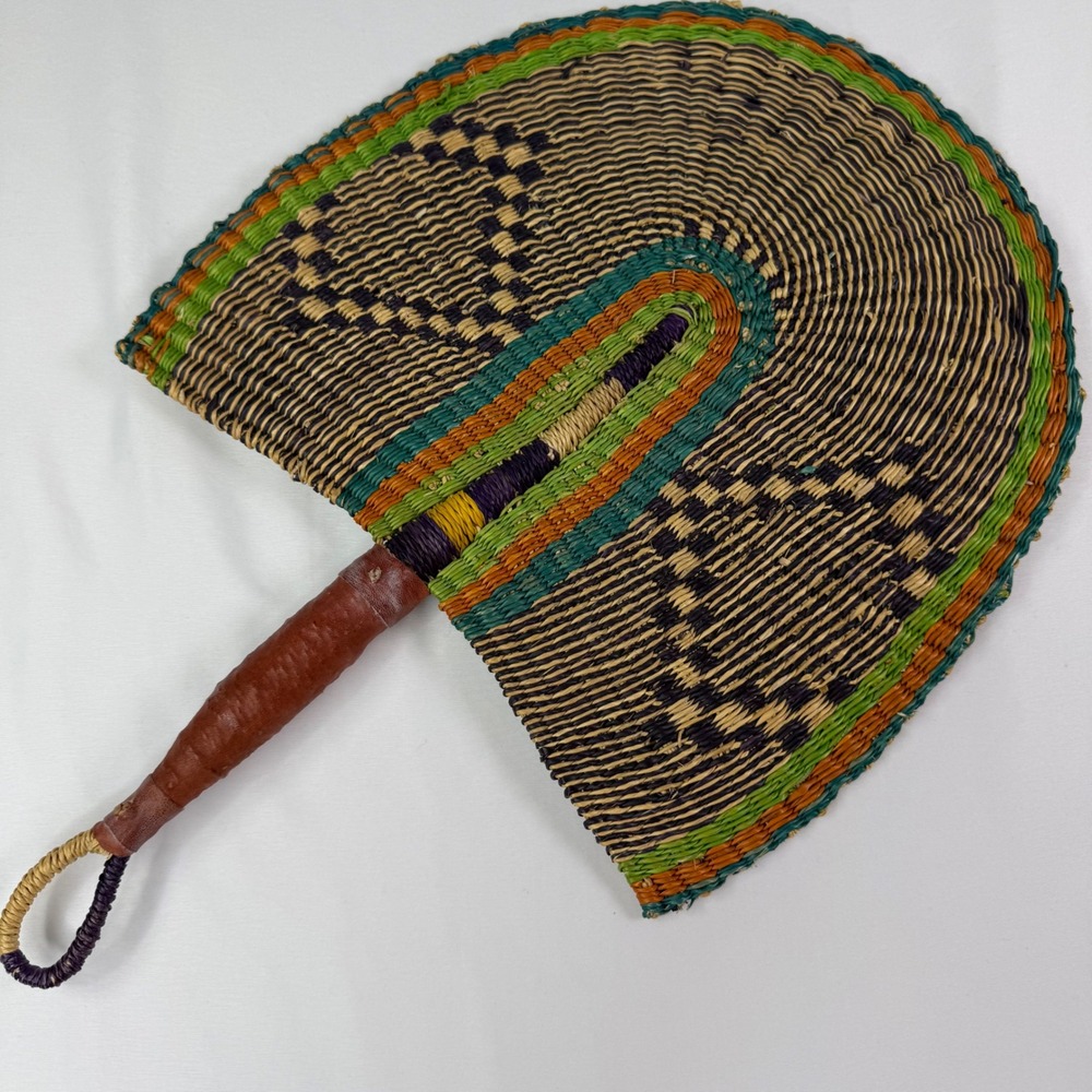 Vintage Bolga Fan Hand Woven Elephant Grass Leather Handle African Wall Art